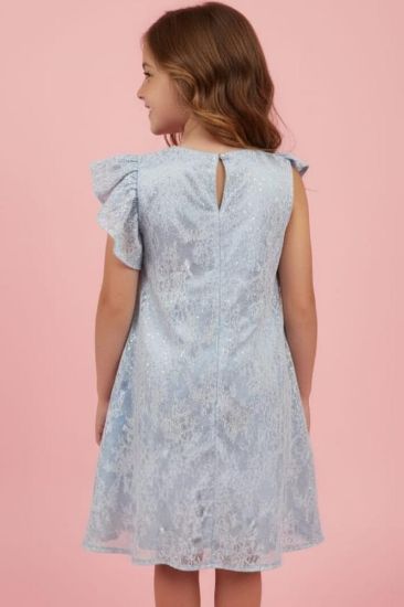 صورة فستان سماوي كشكشة ولؤلؤ على الاكتاف والفستان